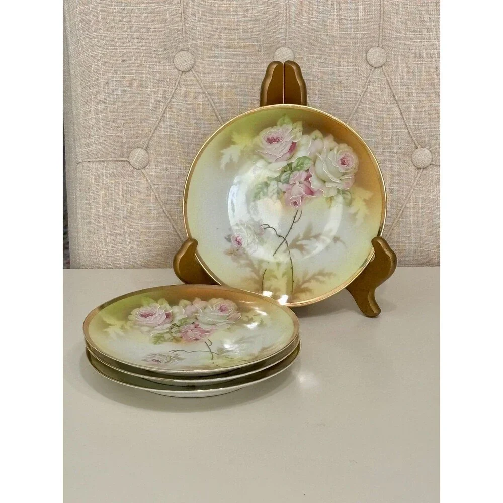 RS Prussia (4) Dessert Plates Pink/Green Floral Gold Trimmed 7.5